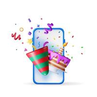 3D smartphone and cake with candle and confetti. vector