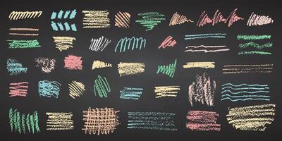 Charcoal pencil hand drawing lines, splash, squiggles and shapes. Color chalk elements Black chalkboard Grunge chalk crayon scribbles doodles textures. Rough crayon strokes. illustration vector