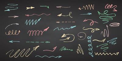 Charcoal pencil hand drawing arrows Swishes, swoops, swooshes, scribbles and squiggles Color chalk elements on chalkboard Grunge chalk crayon doodles texture strokes illustration vector
