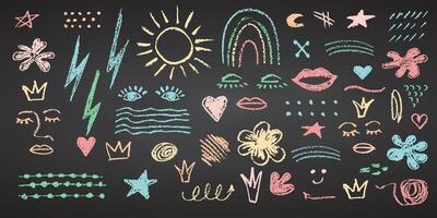 Charcoal pencil hand drawing curly groovy shapes, splash and squiggles. Color chalk elements on black chalkboard Grunge chalk crayon scribbles doodles texture Rough crayon stroke illustration vector