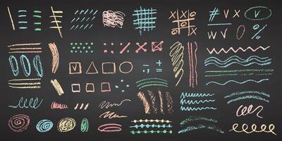 Charcoal pencil hand drawing splash and shapes Color chalk elements on Black chalkboard Grunge chalk crayon scribbles doodles textures Rough crayon strokes. illustration vector