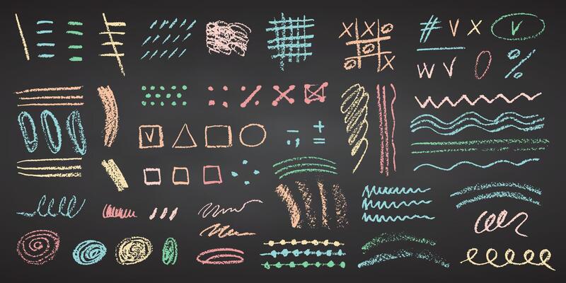 Charcoal pencil hand drawing splash and shapes Color chalk elements on Black chalkboard Grunge chalk crayon scribbles doodles textures Rough crayon strokes. illustration