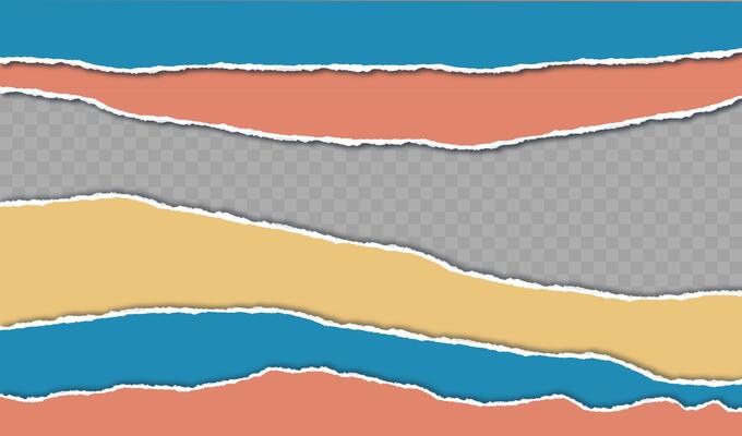 Torn horizontal color paper strip with shadow. Jagged uneven edges pieces Ripped fragments for message label, banner, collage, text box, sticker, poster. illustration