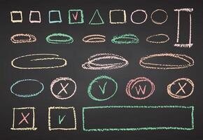Charcoal pencil hand drawing splash, squiggles and shapes. Color chalk elements on black chalkboard Grunge chalk crayon scribbles doodles texture. Rough crayon stroke. illustration vector