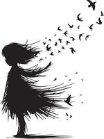 haphazard line scribble of a girl dissolving into birds vector