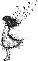 A logo with a haphazard line scribble of a girl dissolving into birds vector