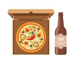 Fresh round pizza and bottle of beer. Pizza with tomato, cheese, olive, pepper, onion, basil in open cardboard box. illustration. vector