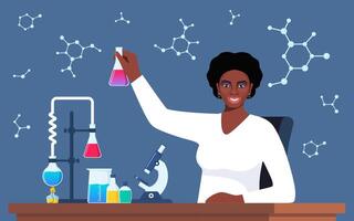 Scientist in chemistry laboratory working on research and exploration. Flasks, vials, test tubes with substance. Lab research, testing, studies in chemistry. illustration. vector