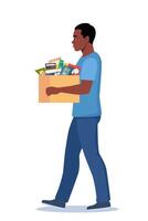 Dismissal, employee replacement. Unhappy black man dismissed from job, leave office with stuff in box. Unemployment dismissal of workers. Layoff, crisis. illustration. vector