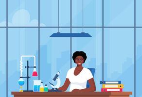 Scientist in chemistry laboratory working on research and exploration. Flasks, vials, test tubes with substance. Lab research, testing, studies in chemistry. illustration. vector