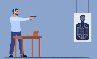 Focused Man Practicing Shooting Skills At Indoor Range. Male Character In Ear Protection Stands Confidently, Aiming Pistol At Target. illustration. vector