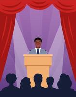 Confident black man behind podium during stage speech. Speaker talking in front of the audience. Public speaking. Spokesman before crowd of people. illustration. vector