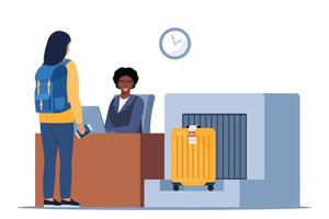 Passenger at international airport check in desk counter gate with weighting luggage belt, security check point, metal detector, x-ray scanner. Passenger and baggage check-in. illustration. vector