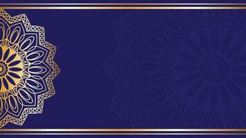 A luxurious mandala background featuring intricate gold patterns set against a rich, deep blue backdrop. The design combines traditional elegance with modern sophistication. vector
