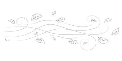 Hand drawn doodle autumn leaves flying in the wind. Falling season outline backdrop, air flow leaves wave linear pattern or wind blowing doodle print. Autumn windy weather hand drawn vector