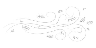 Doodle autumn leaves flying in the wind. Falling season outline backdrop, air flow leaves wave linear pattern or wind blowing doodle print. Autumn windy weather hand drawn monochrome background vector
