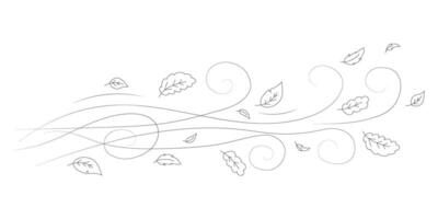 Doodle autumn leaves hand drawn flying in the wind. Falling season outline backdrop, air flow leaves wave linear pattern or wind blowing doodle print. Autumn windy weather hand drawn vector