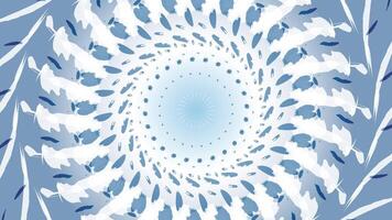 A hypnotic abstract illustration featuring swirling feathers in shades of blue and white, forming a radial pattern with a soft gradient center. The design evokes movement, calmness, and symmetry. vector