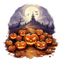 Jack-o'-lanterns Glowing in Front of a Haunted Church Under a Full Moon png