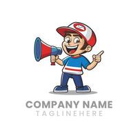 Mascot of a boy Shouting in megaphone and pointing his finger up vector