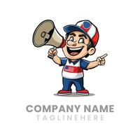 mascot of a boy shouting in megaphone and pointing to the side vector