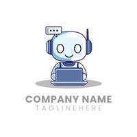 Mascot of a robot thinking while using laptop vector