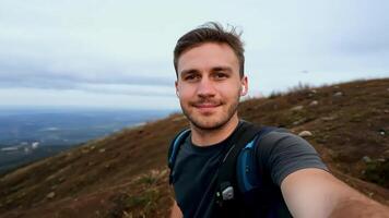 Happy Hiker Taking Selfie on Mountain Trail. video