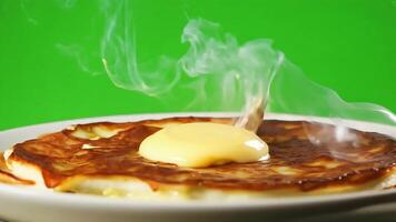 Steaming Pancake with Melting Butter green screen background. video