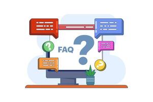 frequently asked questions concept, FAQ when contacting support. User asking question in support chat. reading user manual. contact us, manual, faq, question, answer. flat . vector