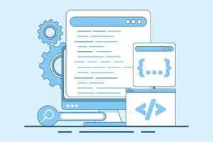 Programming Concept, Software development and programming, program code on laptop screen, big data processing, computing, programming language. flat illustration on background. vector