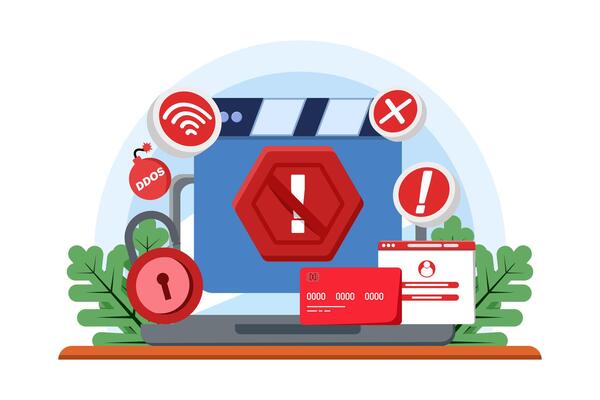 Cybercrime concept, Fraud, Hackers steal personal data on devices, Online phishing, Mass theft, Malware, Password phishing, DDOS attack, Credit card fraud. Flat illustration.