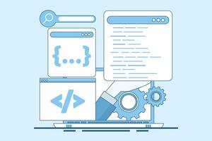 Programming Concept, Software development and programming, program code on laptop screen, big data processing, computing, programming language. flat illustration on background. vector