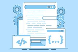Programming Concept, Software development and programming, program code on laptop screen, big data processing, computing, programming language. flat illustration on background. vector