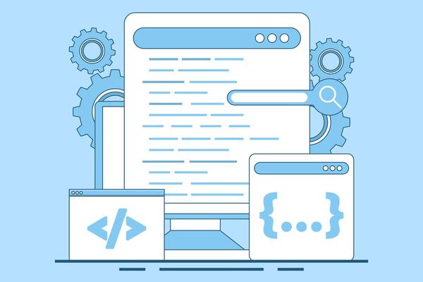 Programming Concept, Software development and programming, program code on laptop screen, big data processing, computing, programming language. flat illustration on background.