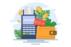 Concept of postal terminal and payment system, Purchase of goods and payment through the terminal. Payment card in the terminal and cash prescription, non-cash transactions. Flat illustration. vector