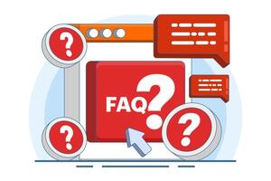 frequently asked questions concept, FAQ when contacting support. User asking question in support chat. reading user manual. contact us, manual, faq, question, answer. flat . vector