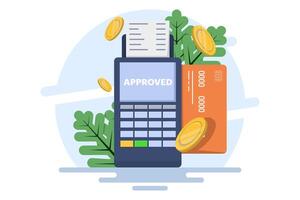 Concept of postal terminal and payment system, Purchase of goods and payment through the terminal. Payment card in the terminal and cash prescription, non-cash transactions. Flat illustration. vector