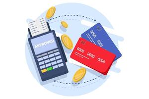 Concept of postal terminal and payment system, Purchase of goods and payment through the terminal. Payment card in the terminal and cash prescription, non-cash transactions. Flat illustration. vector
