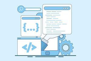 Programming Concept, Software development and programming, program code on laptop screen, big data processing, computing, programming language. flat illustration on background. vector