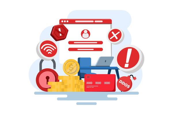 Cybercrime concept, Fraud, Hackers steal personal data on devices, Online phishing, Mass theft, Malware, Password phishing, DDOS attack, Credit card fraud. Flat illustration.