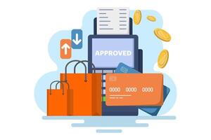Concept of postal terminal and payment system, Purchase of goods and payment through the terminal. Payment card in the terminal and cash prescription, non-cash transactions. Flat illustration. vector