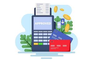 Concept of postal terminal and payment system, Purchase of goods and payment through the terminal. Payment card in the terminal and cash prescription, non-cash transactions. Flat illustration. vector