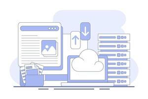 Cloud storage concept, cloud technology. data storage on cloud servers. Cloud computing concept, online database, web hosting, web data center. technology infographics. flat illustration. vector