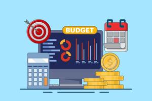 Budget calculation concept, budget business strategy, finance and accounting, economics and investment, budget calculation, profit and loss, report graph creation from data, flat illustration. vector