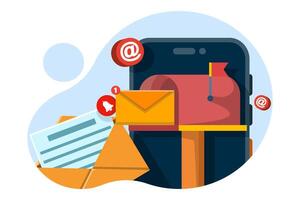Email and smartphone concept, Email marketing campaign, Work process, New email message. Letter, sheet in envelope, check mark. Sending application. Receiving news. Filled document. vector