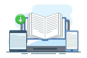 E-book download concept, Reading e-books on mobile or computer, E-book collection. Library archive, e-reading, literature. Content on screen - conceptual landing page template with icons and text. vector