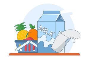 Concept of fruit and milk drinks, healthy and nutritious food and drinks. Flat Outline Illustration Graphics of Shopping Icons Bag, Pineapple, Apple, Carrot and Milk. App Icons, Banners etc. vector