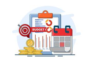 Budget calculation concept, budget business strategy, finance and accounting, economics and investment, budget calculation, profit and loss, report graph creation from data, flat illustration. vector
