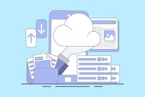 Cloud storage concept, cloud technology. data storage on cloud servers. Cloud computing concept, online database, web hosting, web data center. technology infographics. flat illustration. vector