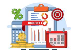 Budget calculation concept, budget business strategy, finance and accounting, economics and investment, budget calculation, profit and loss, report graph creation from data, flat illustration. vector